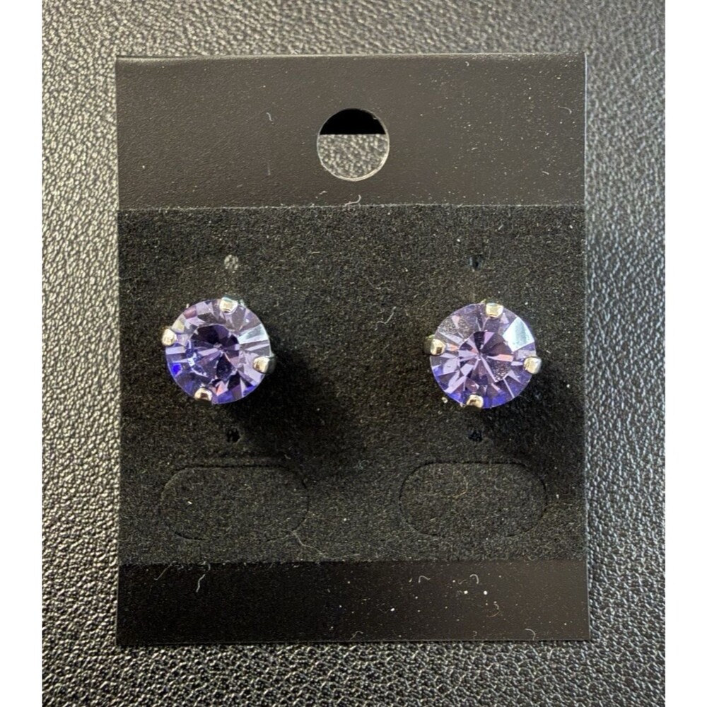 Vtg Lavender Periwinkle Crystal Stud Earrings Silver Tone Round Faceted